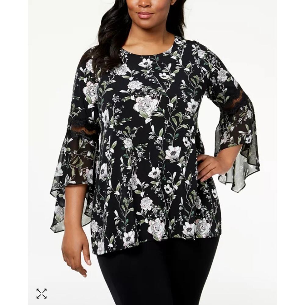 Alfani Petite Women’s Floral Print Bell Sleeve Top Size P/M Black Multicolor